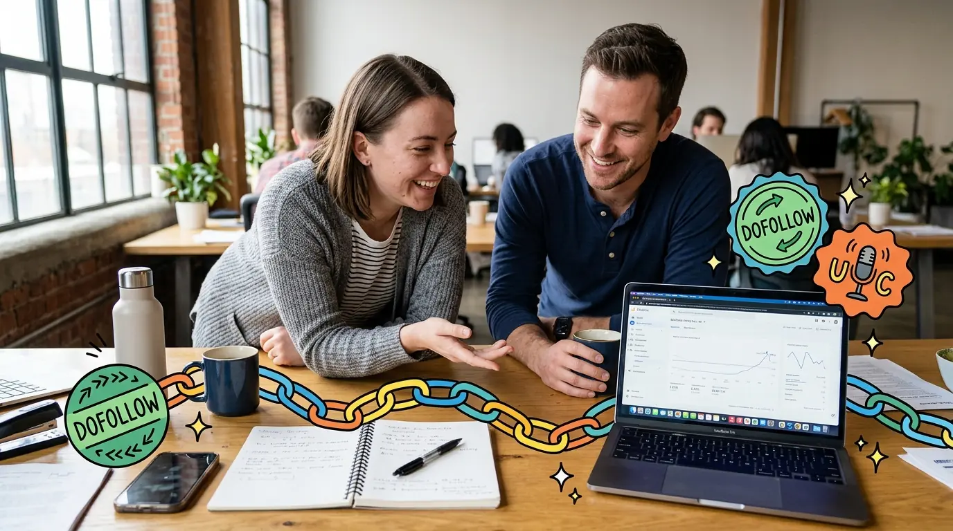 A candid office photo of two colleagues discussing data at a laptop, connected by vibrant cartoon chain links and tags.