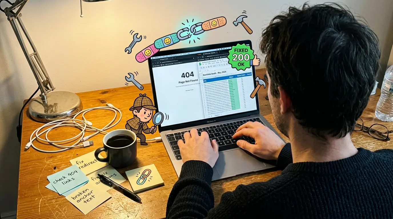 A realistic POV shot of a desk with notes and a laptop showing 404, with a cartoon detective and band-aids patching links.