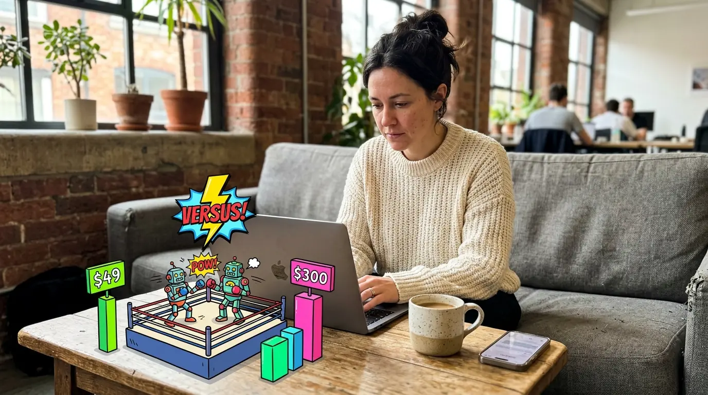 A genuine photo of a woman on a lounge sofa with a laptop, overlaid with a cartoon boxing ring and VERSUS price comparison.