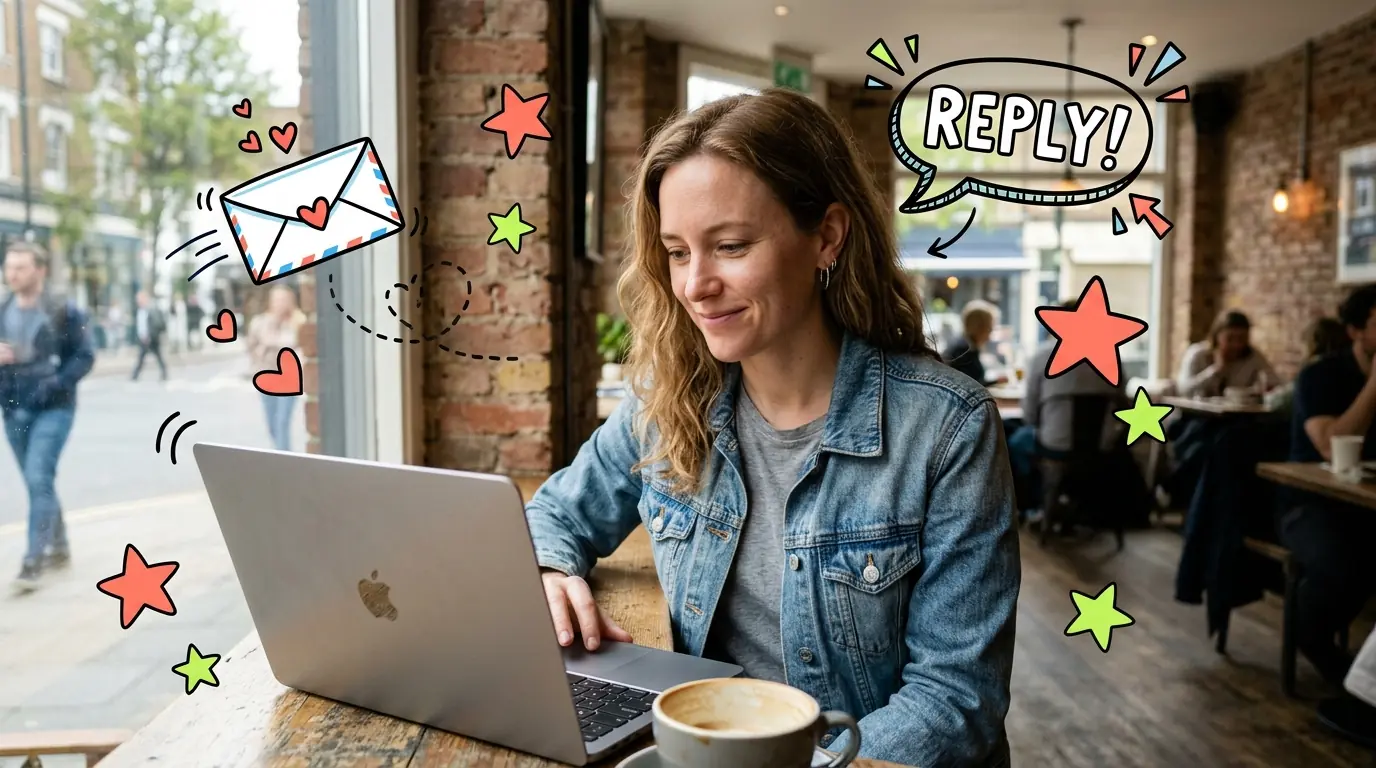 An authentic iPhone snapshot of a woman at a cafe with a laptop, overlaid with a cartoon mail envelope and REPLY bubble.